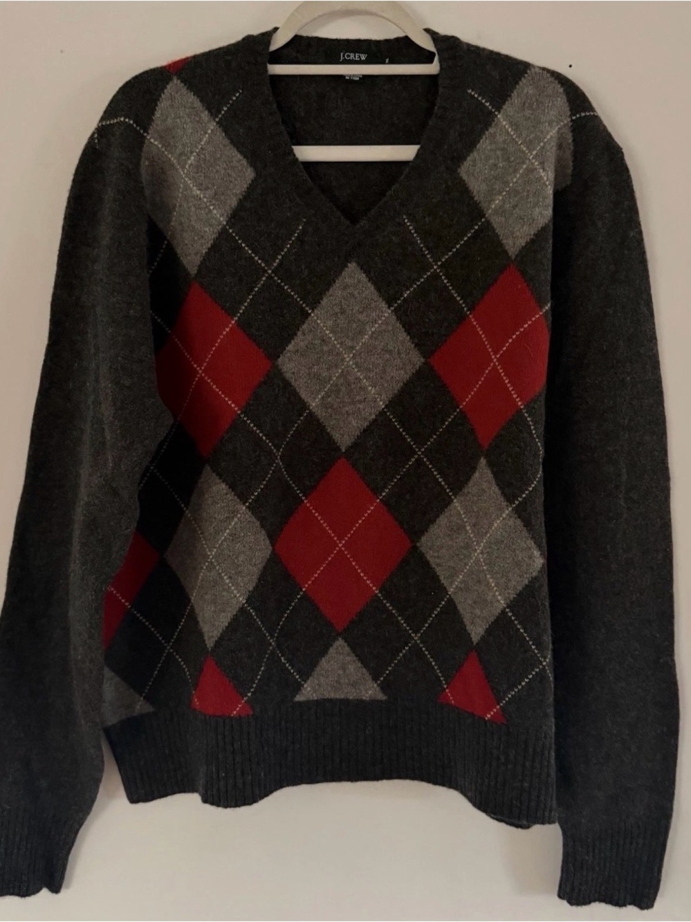 J. Crew Men’s Charcoal Argyle V-Neck Sweater with Red & Gray Diamonds Lambs Wool